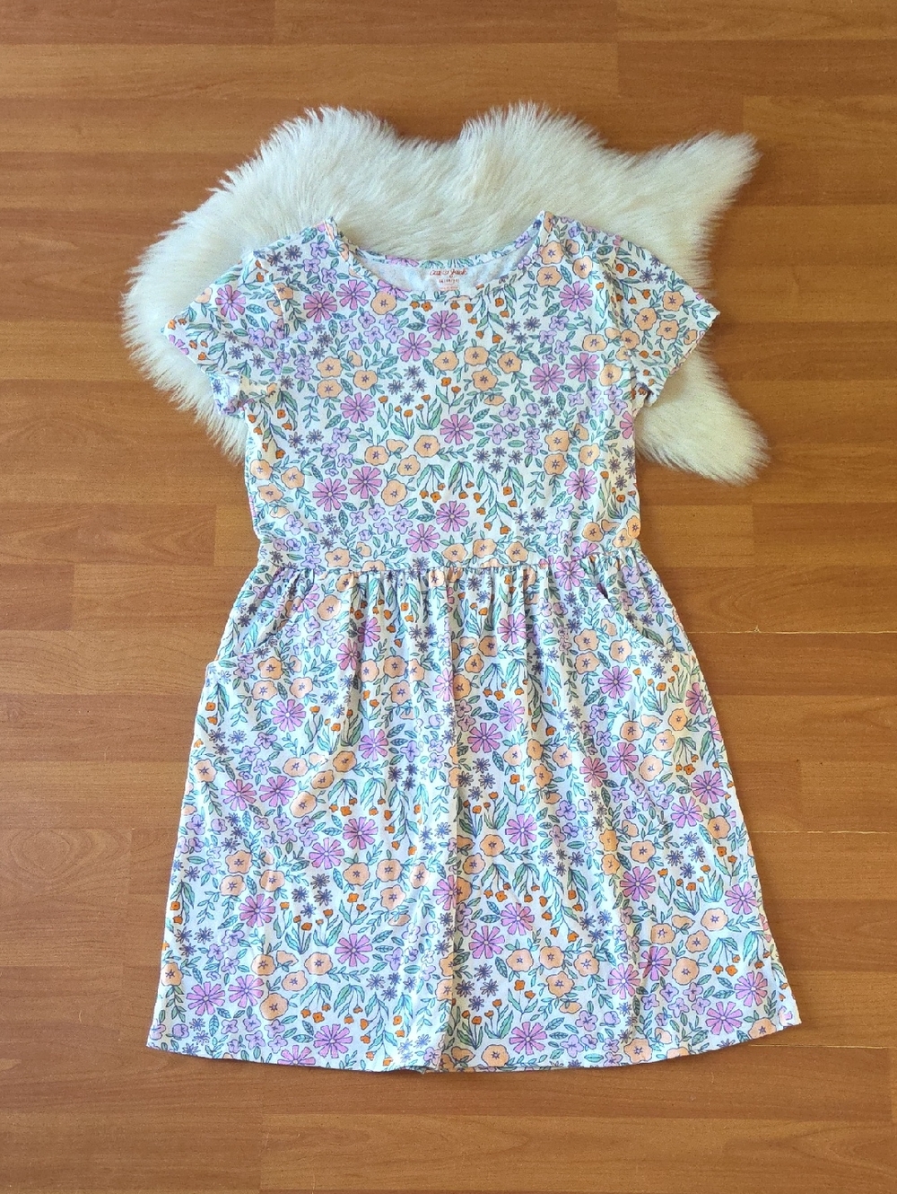 Cat & Jack Girls Peach and Lavender Floral Short-Sleeve Dress 14/16